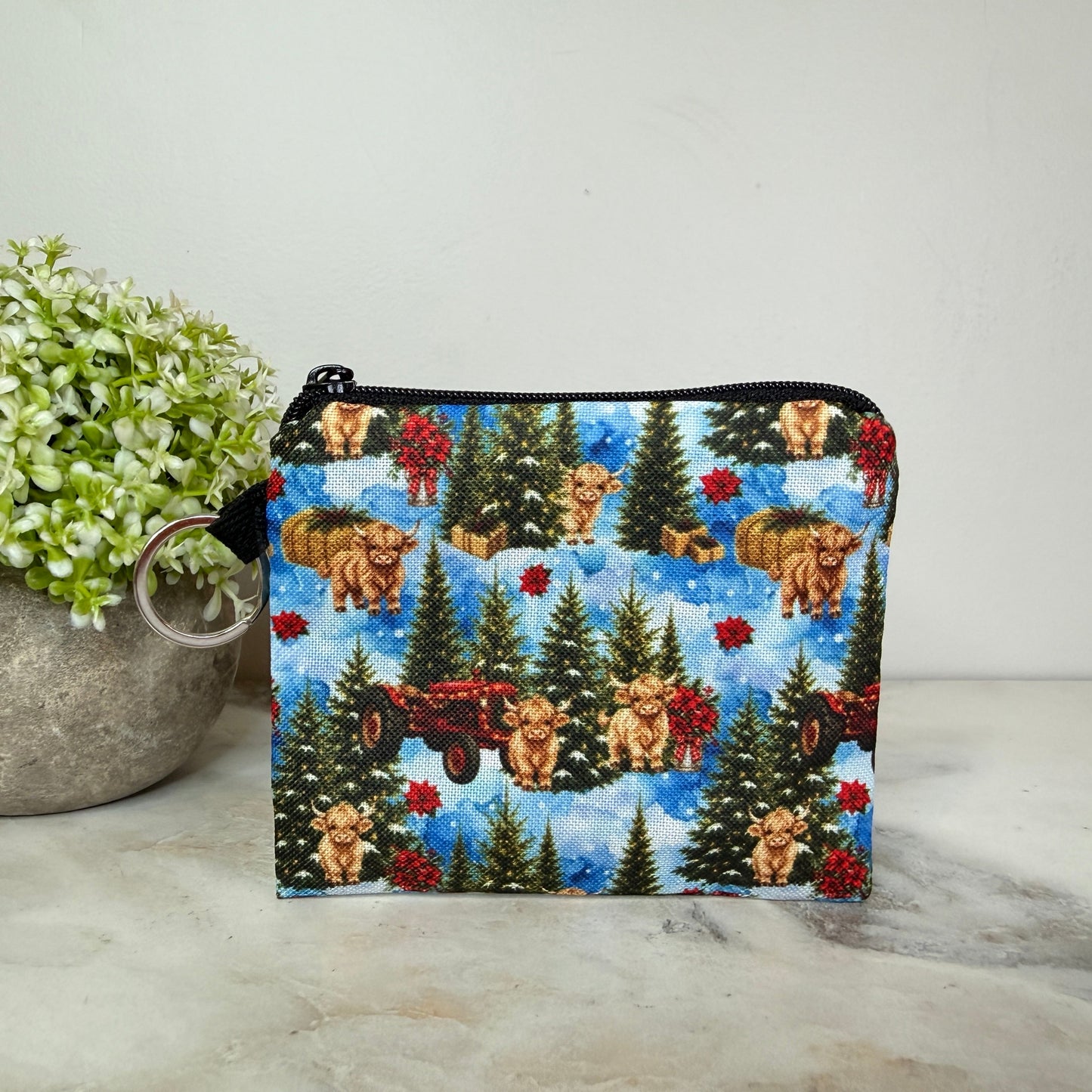 Mini Pouch - Christmas Winter - Highland Cow Blue Trees