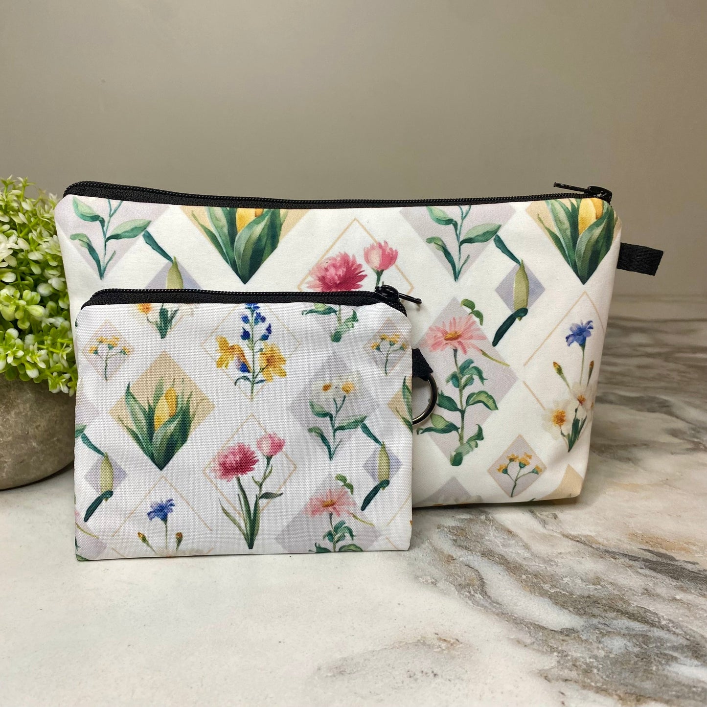 Pouch & Mini Pouch Bundled Set - Floral Diamonds