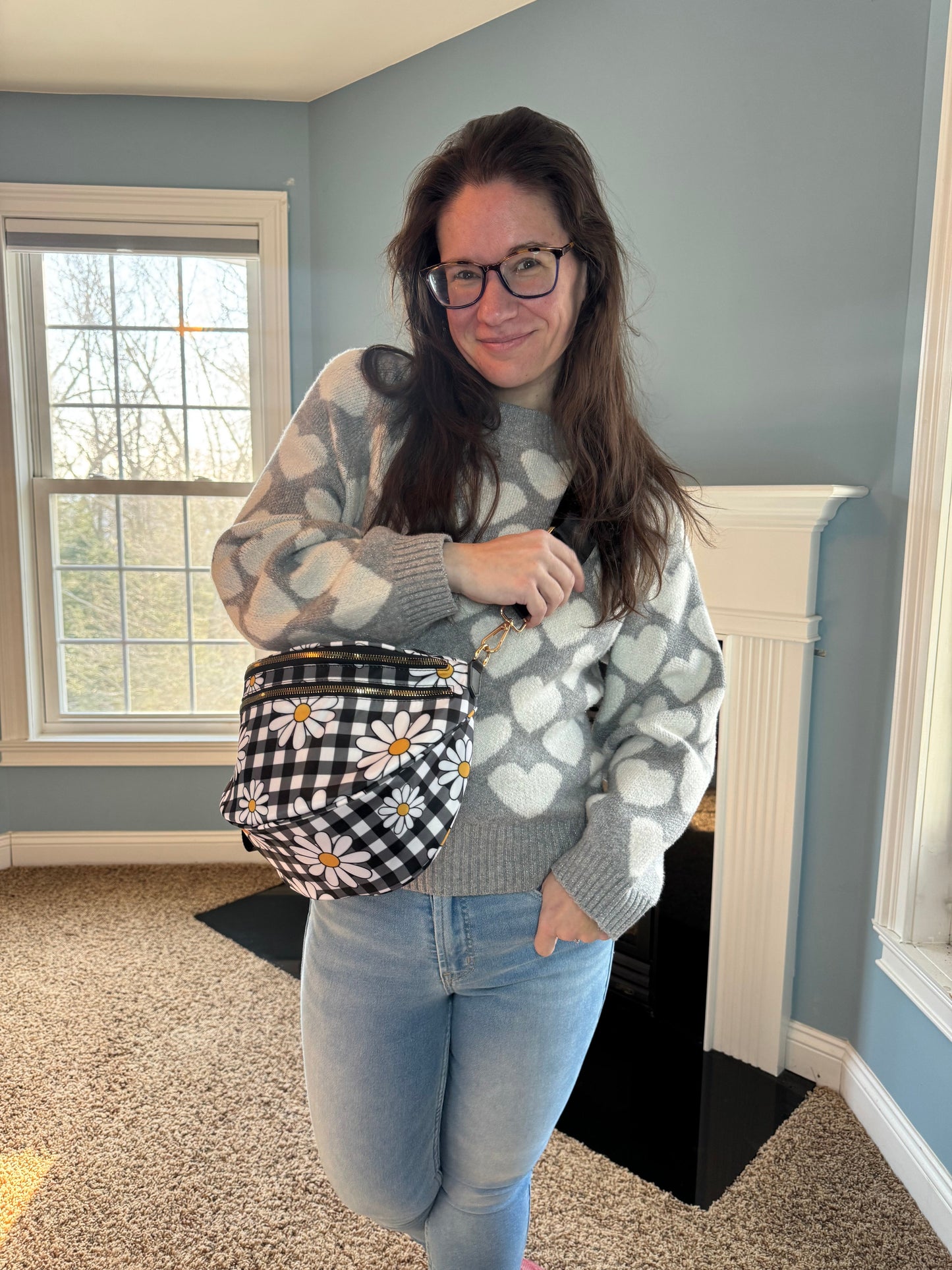 The Roni Nylon Crossbody - Black Gingham Daisy Floral