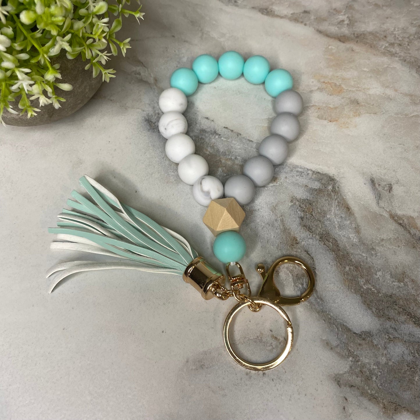 Silicone Bracelet Keychain with Wood Bead & Tassel - Aqua