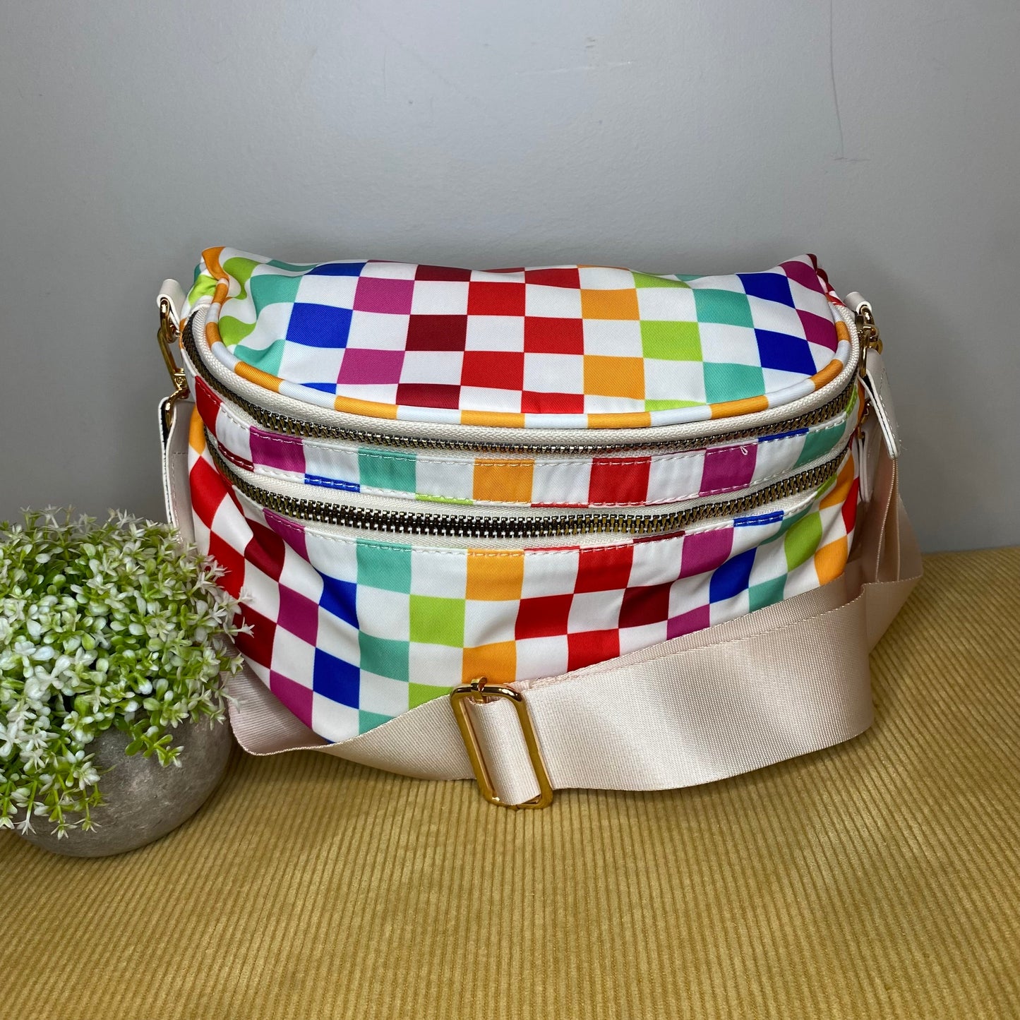 The Roni Nylon Crossbody - Checkered Colorful White