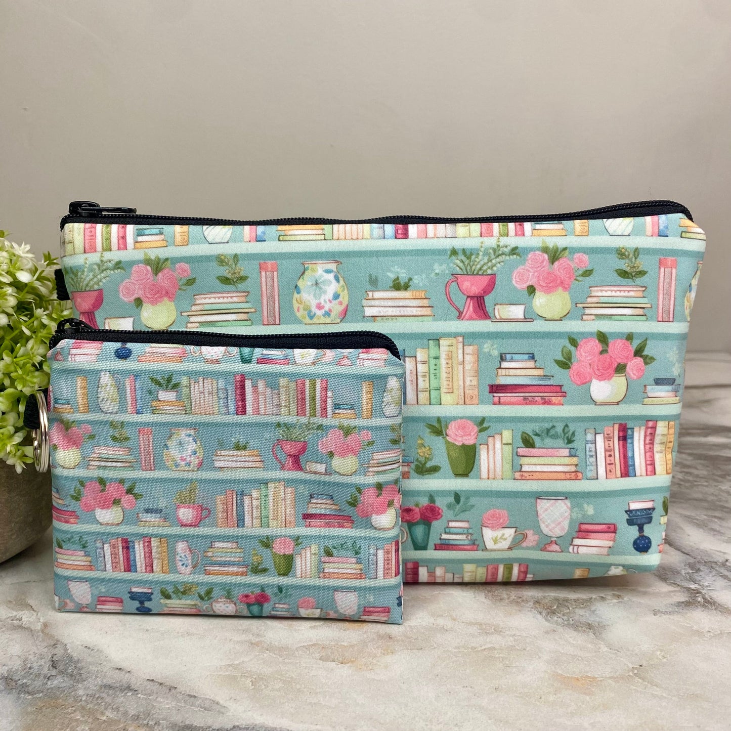 Pouch & Mini Pouch Bundled Set - Mint Floral Bookcase