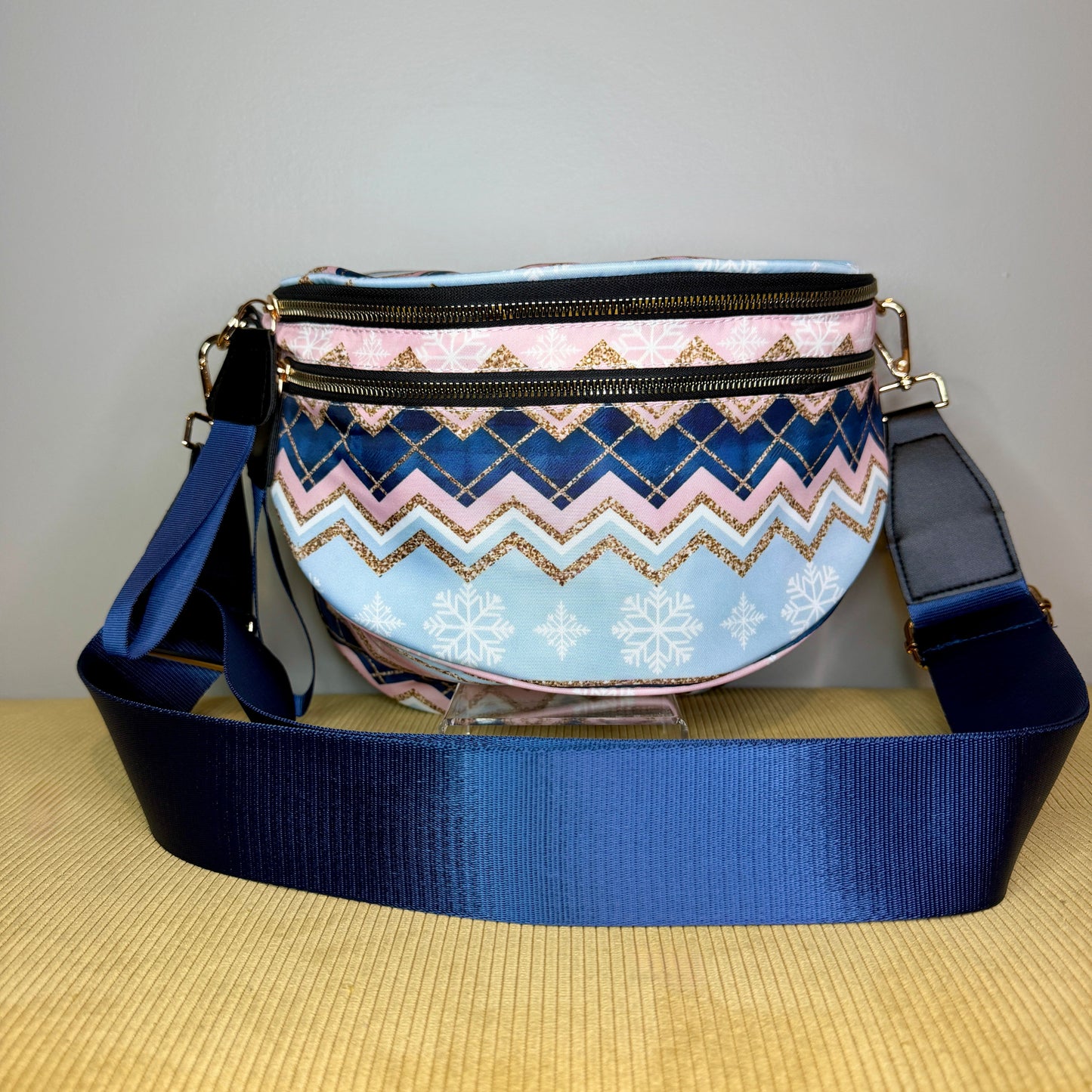 The Roni Nylon Crossbody - Christmas Snowflake Blue Pink
