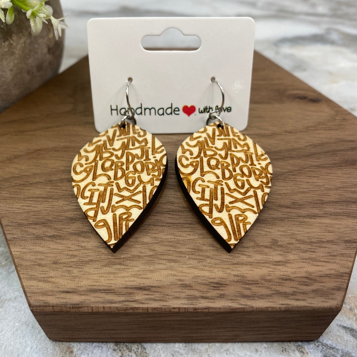 Wooden Dangle Earrings - Letters