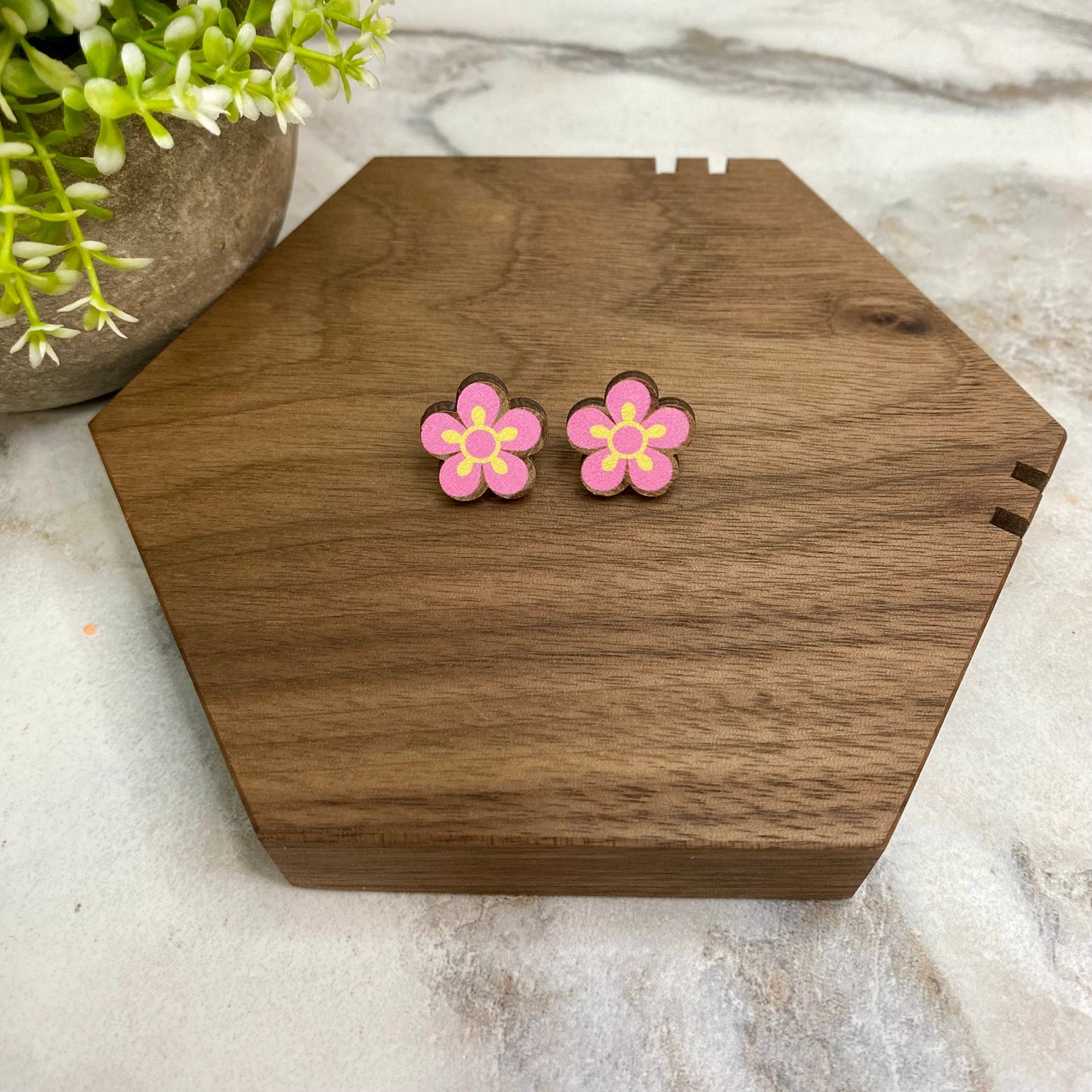Wooden Stud Earrings - Floral #2