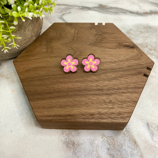 Wooden Stud Earrings - Floral #2