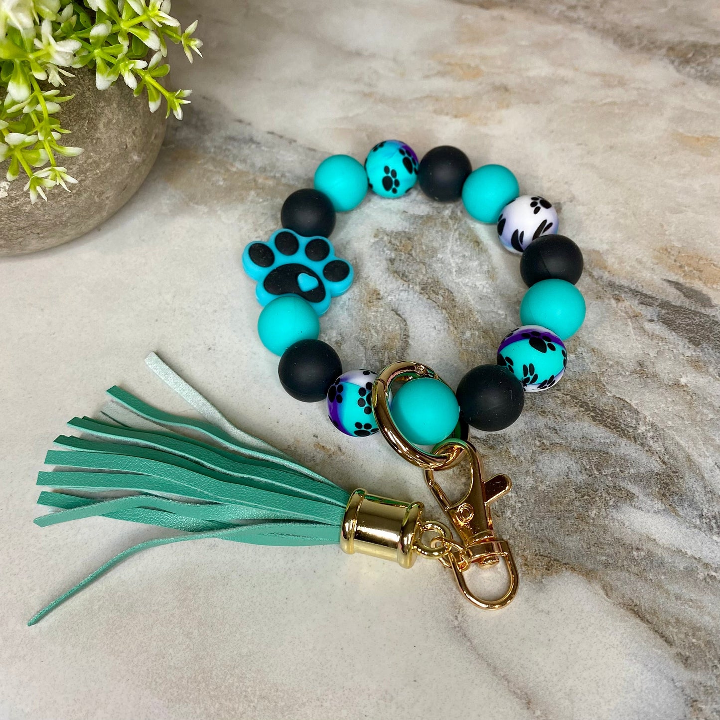 Silicone Bracelet Keychain - Paw Print Teal Swirl