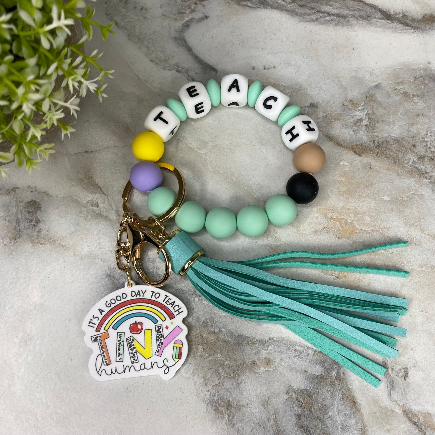 Silicone & Acrylic Bracelet Keychain - Teach - Mint