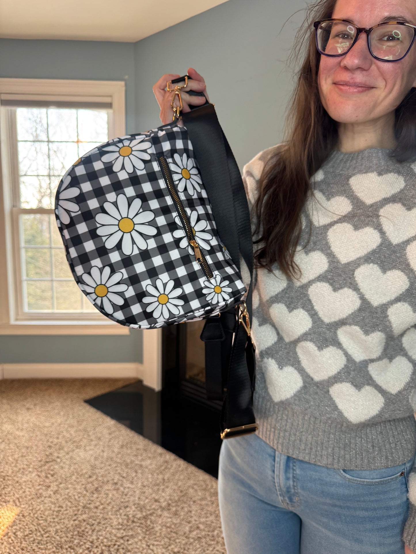 The Roni Nylon Crossbody - Black Gingham Daisy Floral