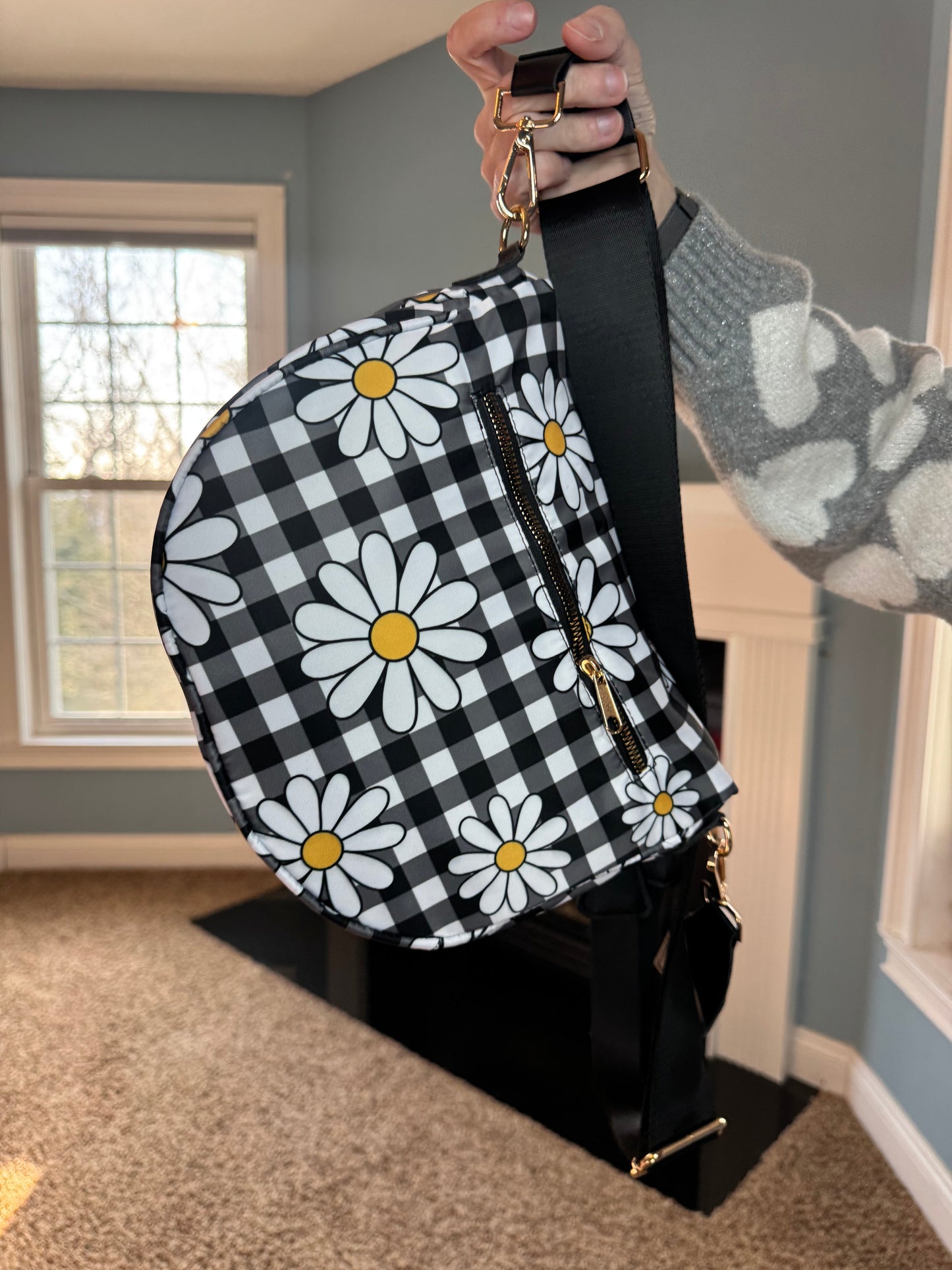 The Roni Nylon Crossbody - Black Gingham Daisy Floral