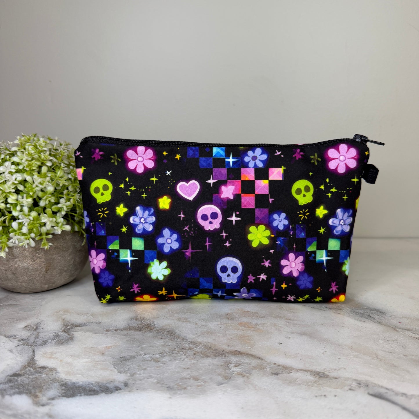 Pouch - Halloween Fall - Skull Check Floral Star