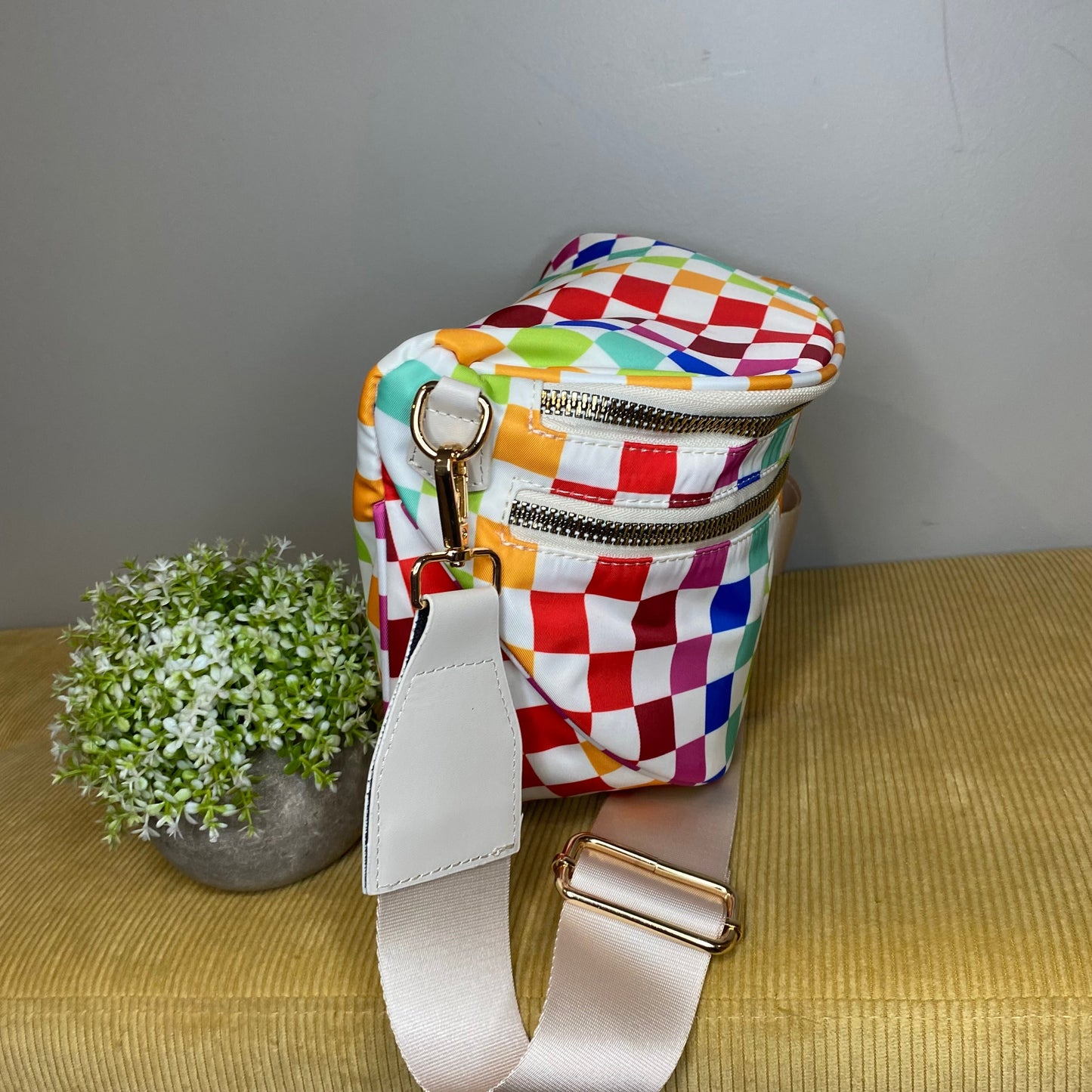 The Roni Nylon Crossbody - Checkered Colorful White