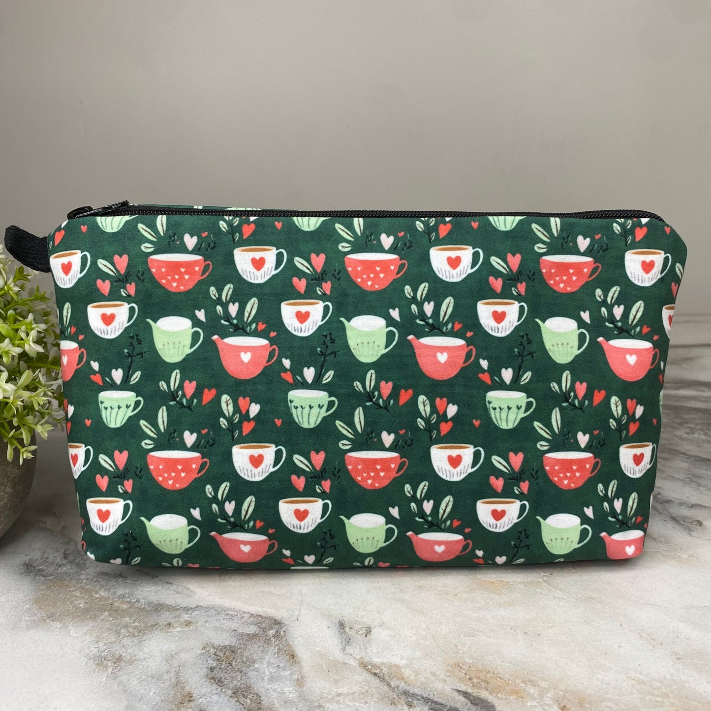 Pouch - Tea Cups on Green