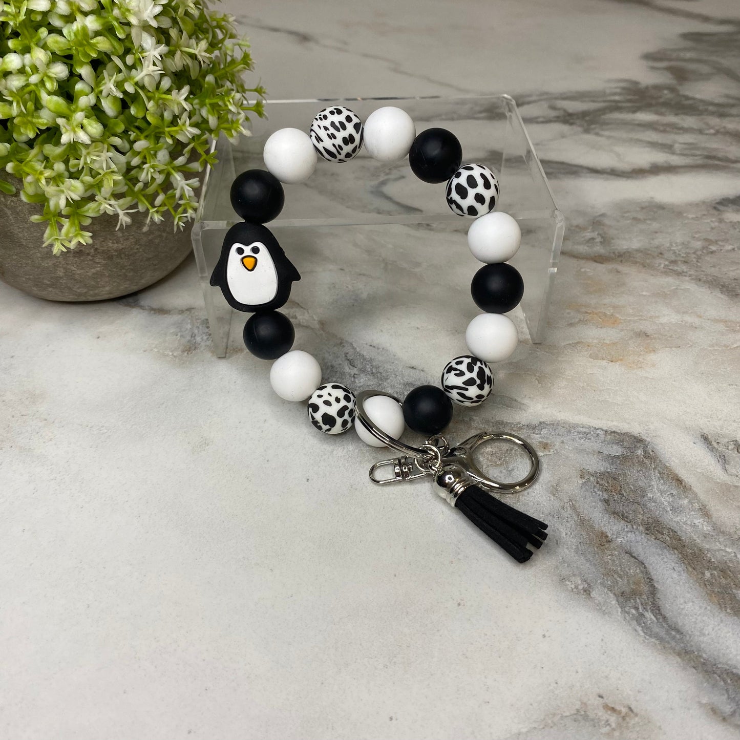 Silicone Bracelet Keychain - Penguin Black & White