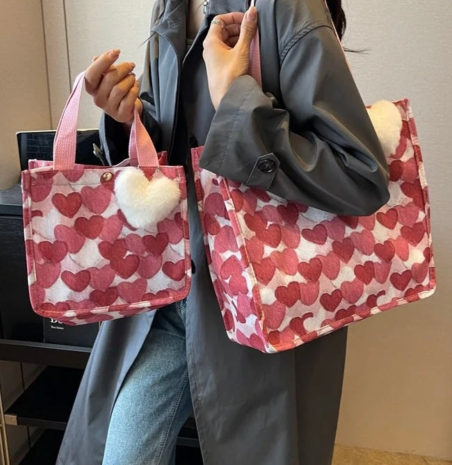 Tote Bag - Heart Dark Pink + White