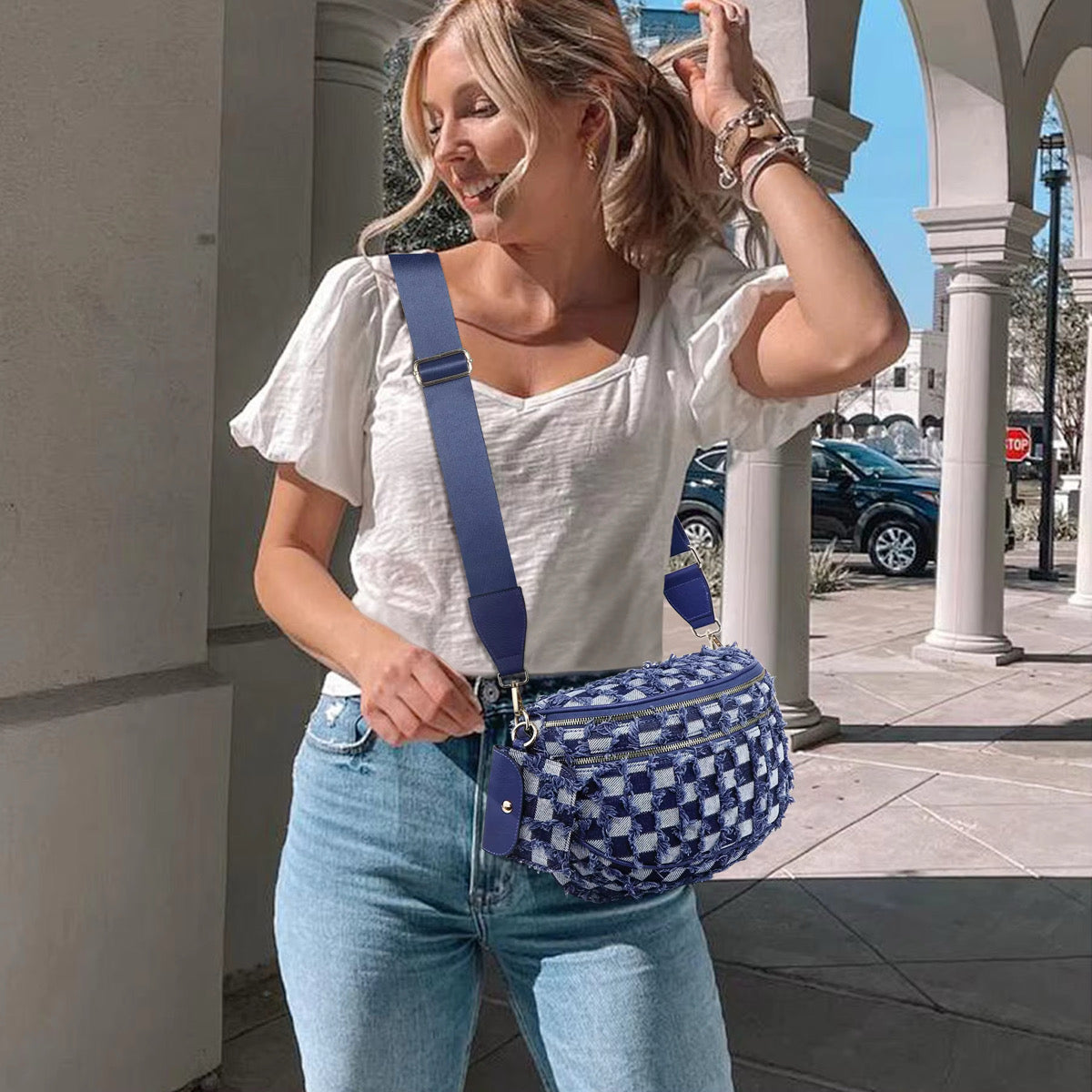 The Roni Nylon Crossbody - Checkered Denim - PREORDER